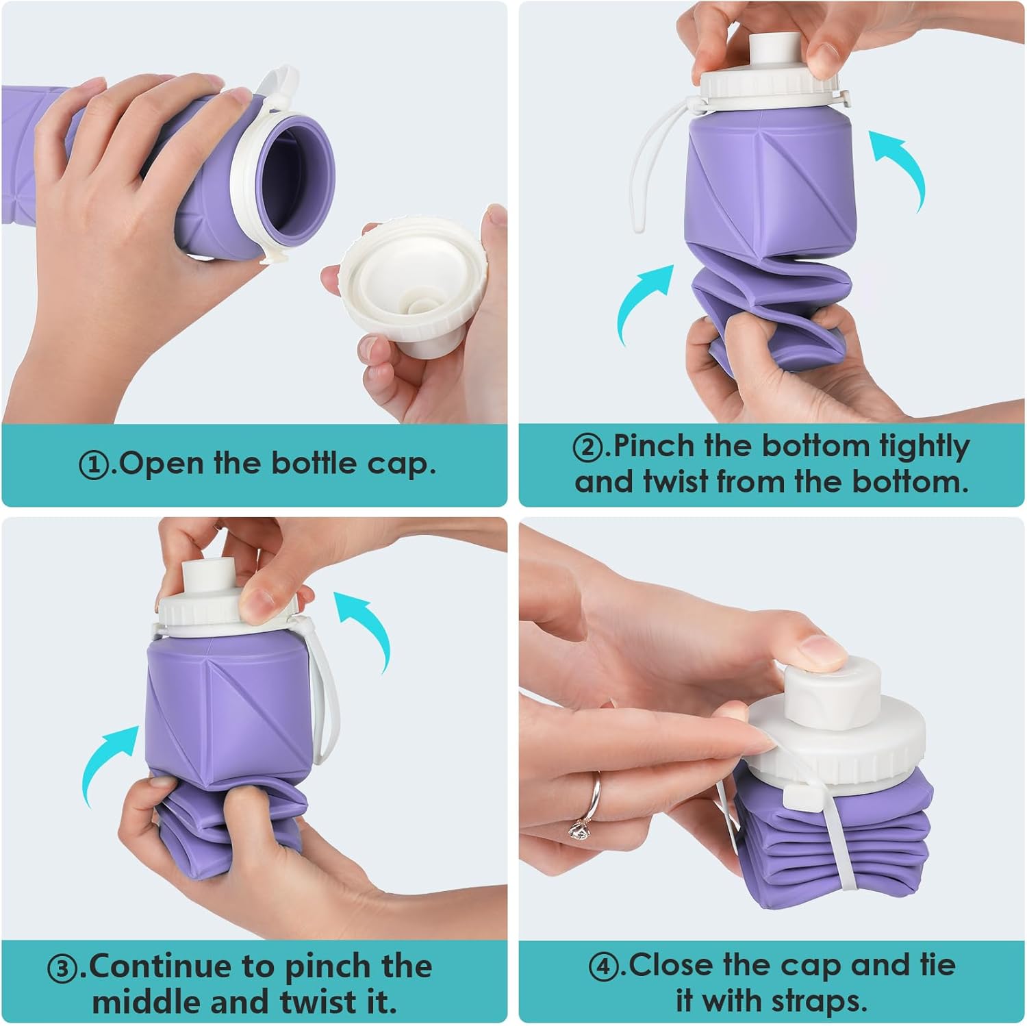 2 pack Collapsible Water Bottles Leakproof Lid –Food-Grade BPA-Free Silicone Travel Bottles–Foldable Water Bottle 610ml for Travel Gym,Hiking,Sports,Camping,Biking School Portable Reusable - Image 3