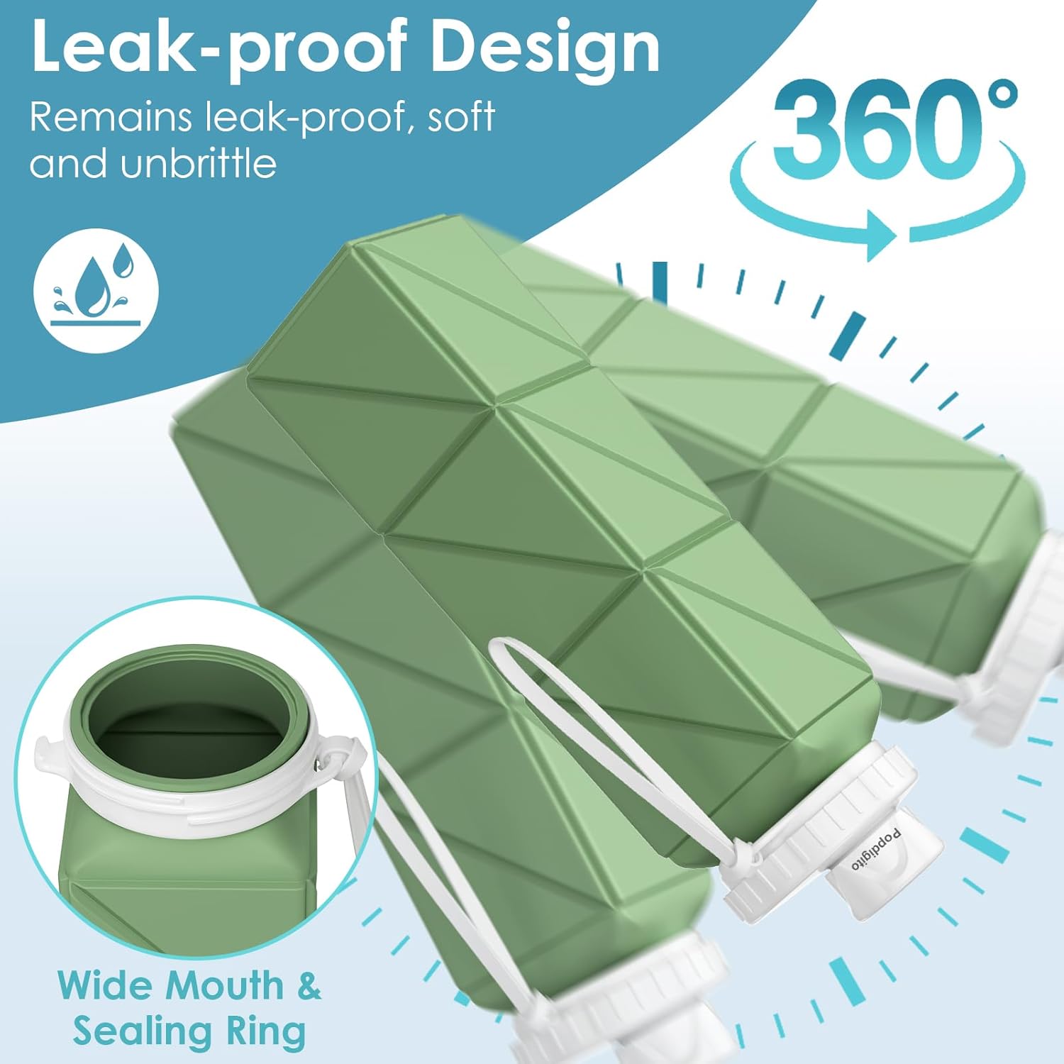 2 pack Collapsible Water Bottles Leakproof Lid –Food-Grade BPA-Free Silicone Travel Bottles–Foldable Water Bottle 610ml for Travel Gym,Hiking,Sports,Camping,Biking School Portable Reusable - Image 7