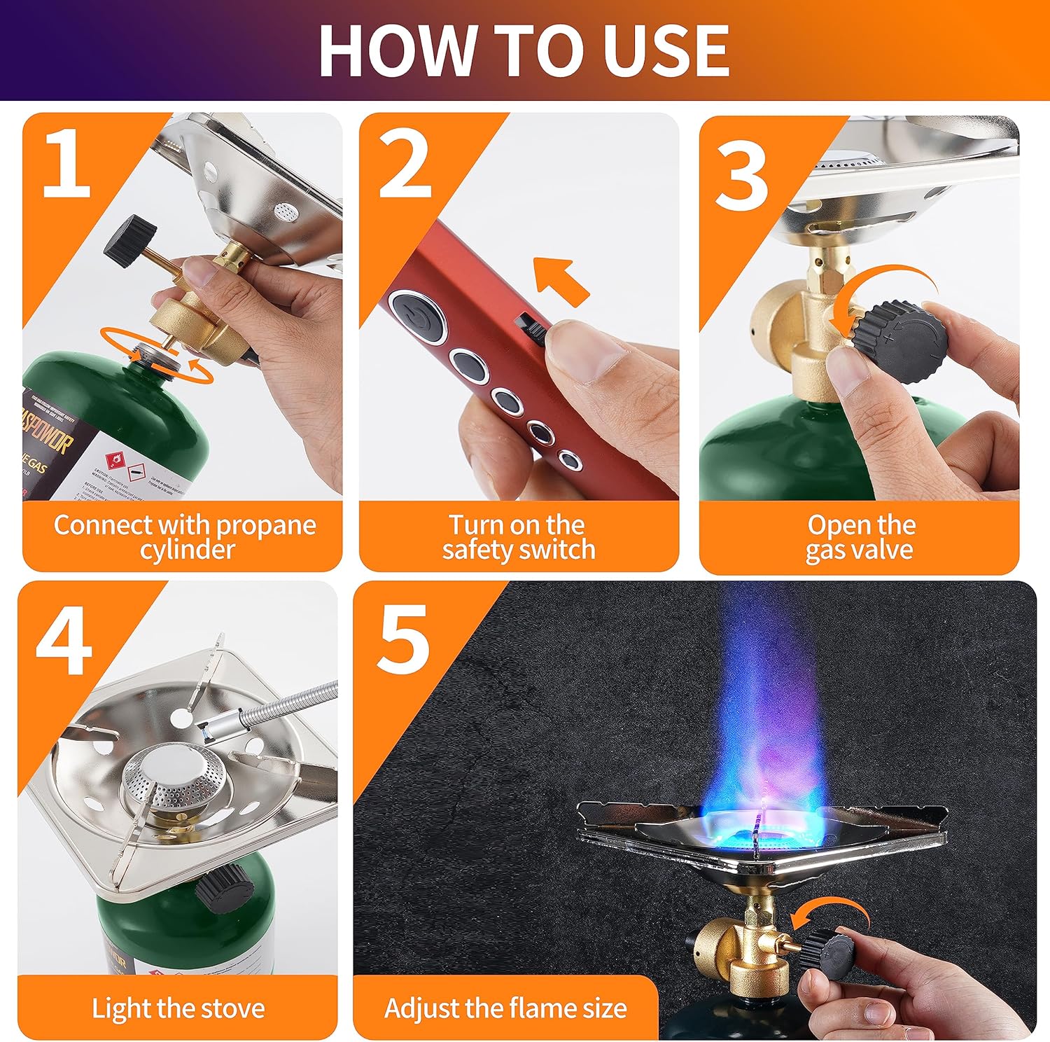 Camping Propane Stove, Single Burner Propane Stove, Portable Bottletop Backpacking Stove,10000BTU Camp Gas Stove kit for Outdoor Cooking, include a USB Windproof Ligther (Fuel not included) - Image 3