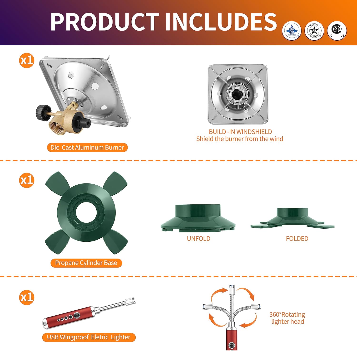 Camping Propane Stove, Single Burner Propane Stove, Portable Bottletop Backpacking Stove,10000BTU Camp Gas Stove kit for Outdoor Cooking, include a USB Windproof Ligther (Fuel not included) - Image 4