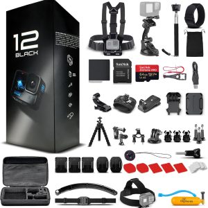 GoPro HERO12 (Hero 12) Black - Waterproof Action Camera with 5.3K HDR Video, 27MP Photos, 1/1.9" Image Sensor, Live Streaming, Webcam, Stabilization + 64GB Card & 50 Piece Accessory Kit - Bundle